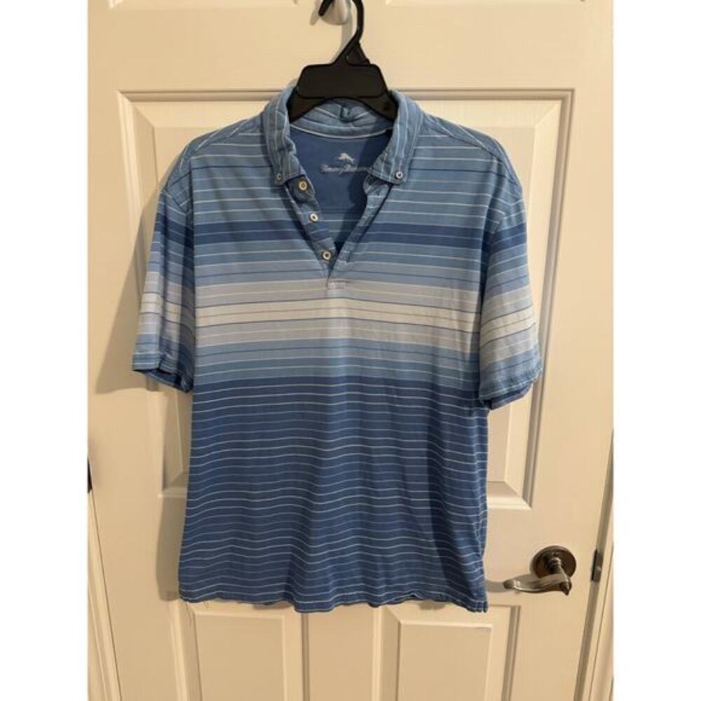 Tommy Bahama Mens Cotton Button Collar Striped Polo Blue Size L
